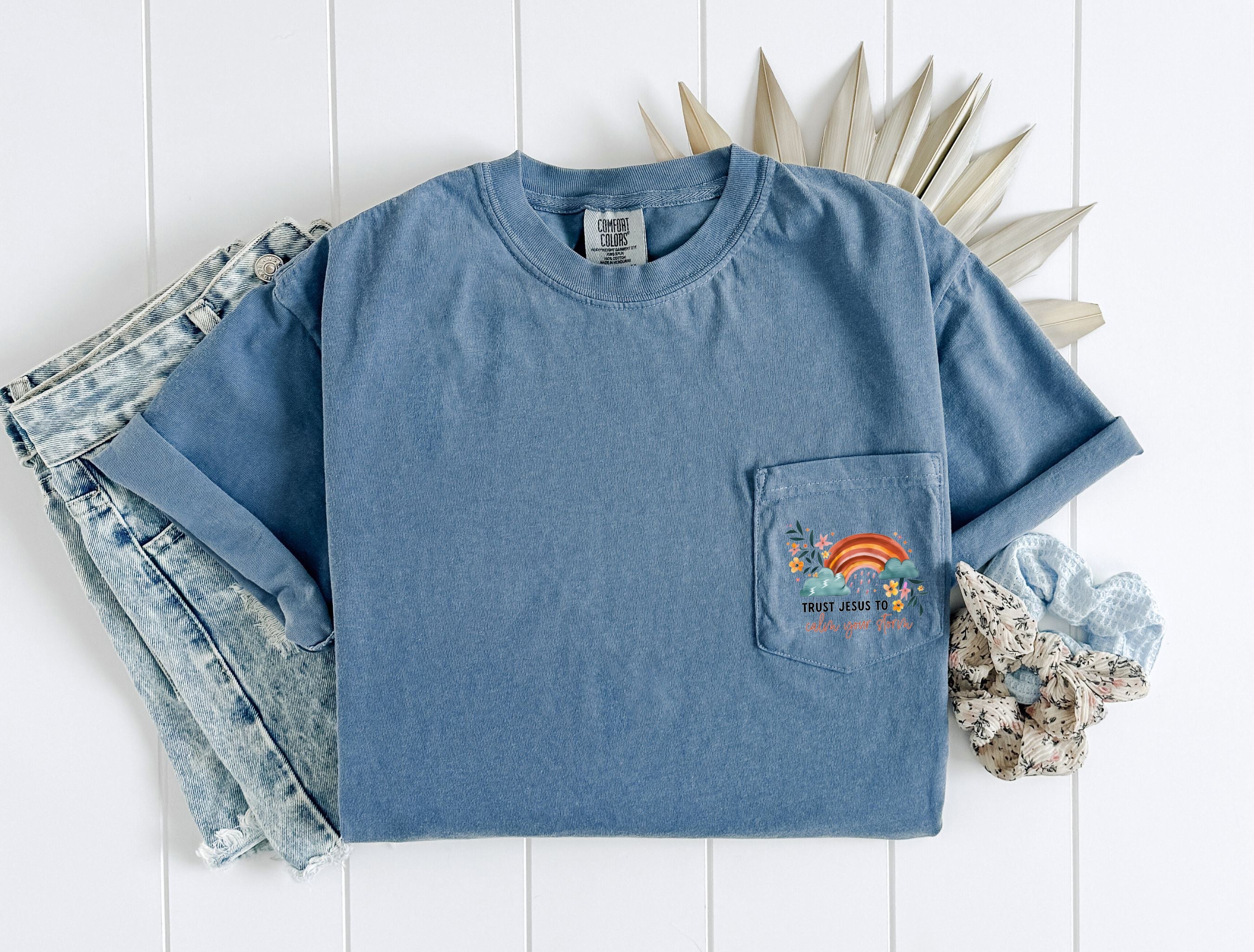 Trust Jesus to Calm your storm Comfort Colors Pocket T Shirt |Bible, Christian shirt