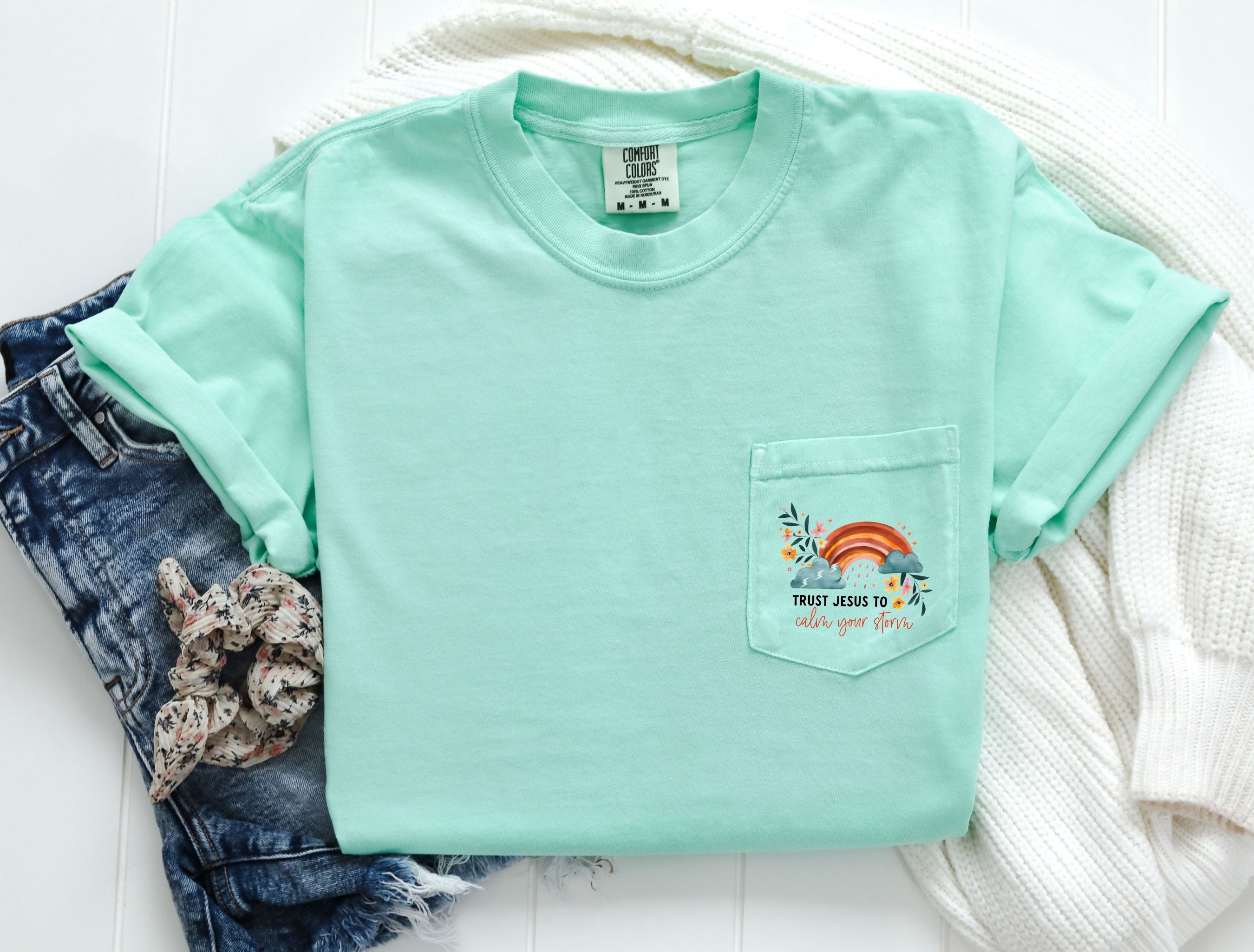 Trust Jesus to Calm your storm Comfort Colors Pocket T Shirt |Bible, Christian shirt