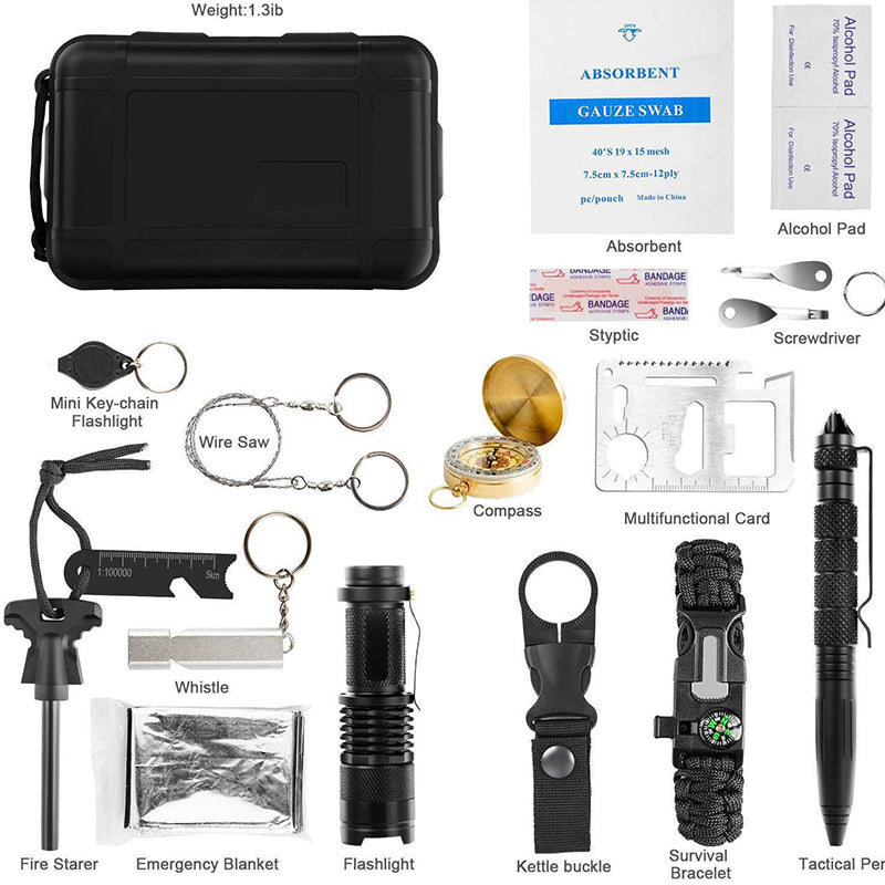 Military-grade outdoor travel survival kit with mini camping tools, emergency bracelet, whistle, blanket and knife.